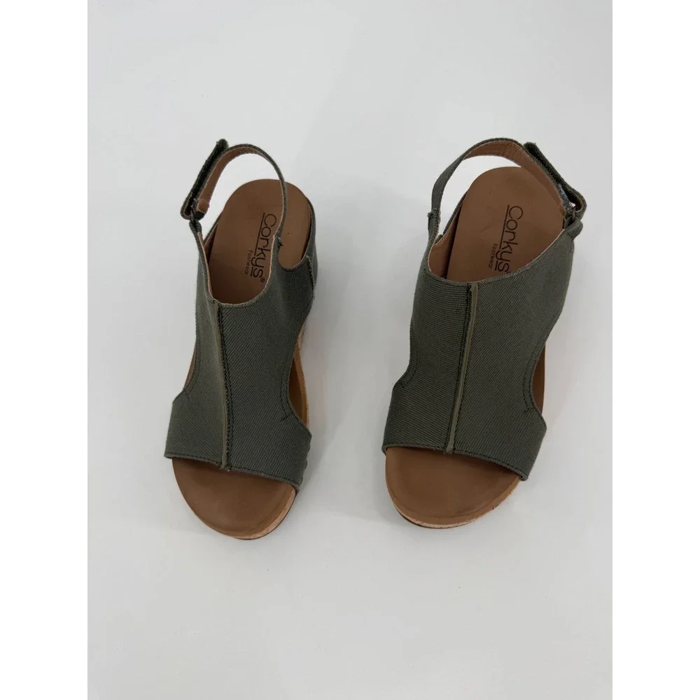 Corkys Carley Olive Green Canvas Cork Wedge Studded Slingback Sandals Womens 7